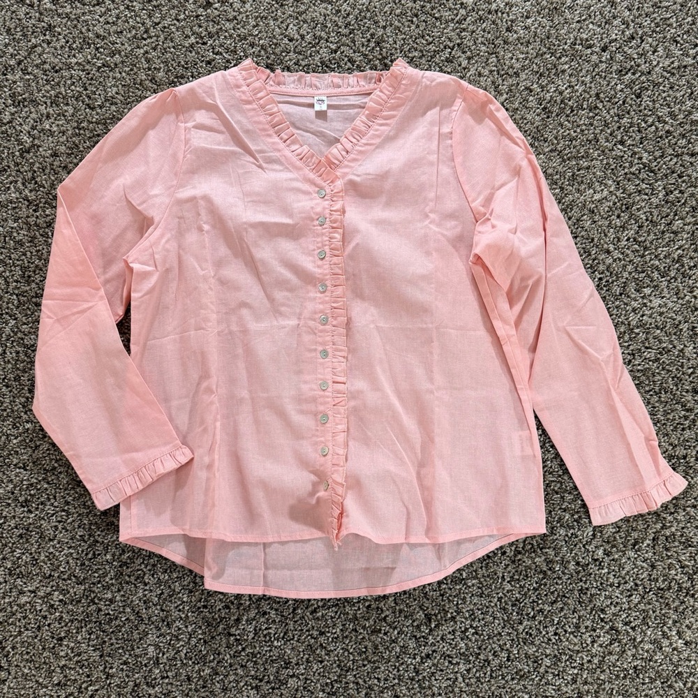 MUMIANXIU XXL Pink Ruffle Button Blouse Cotton Linen Long Sleeve Cottagecore Top